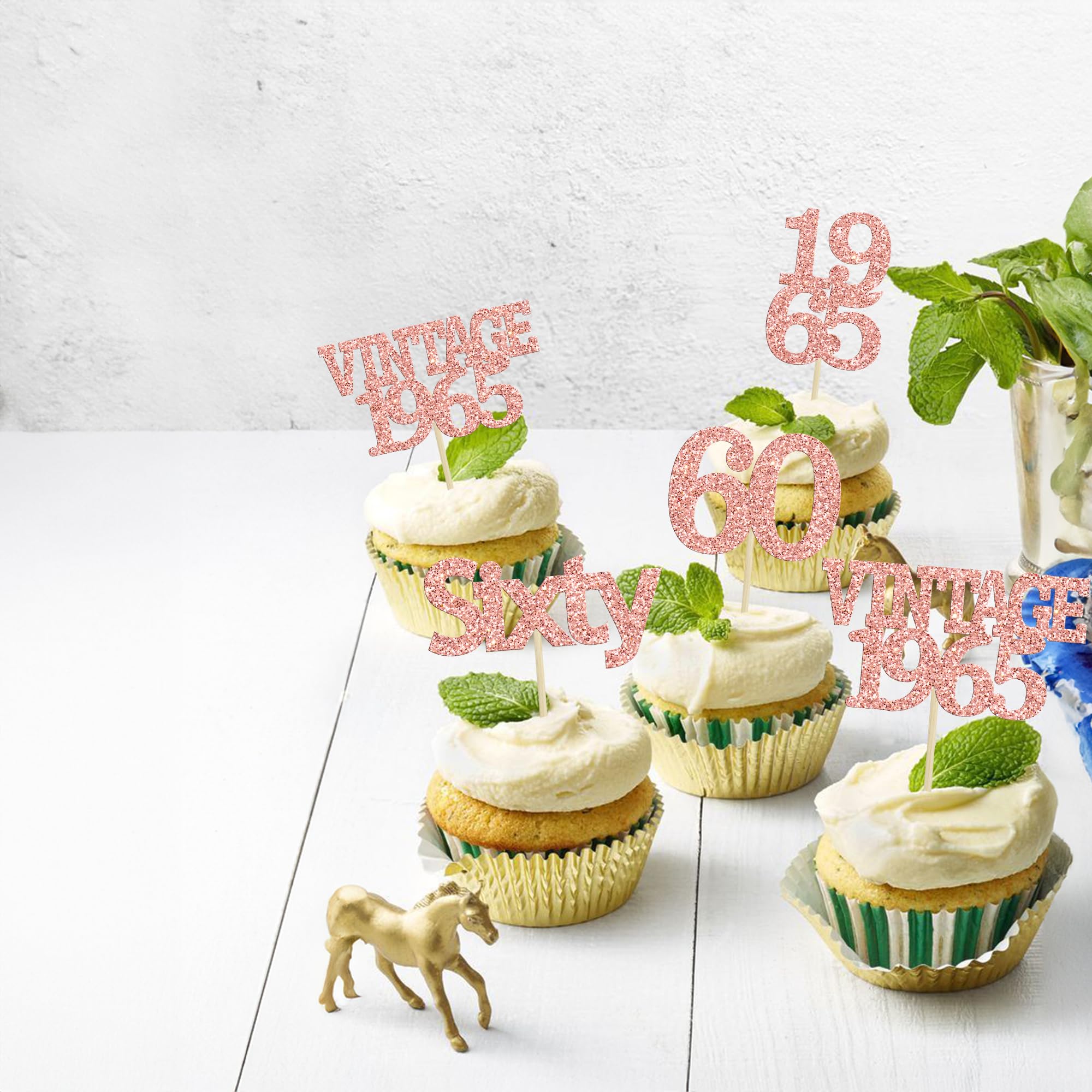 Gyufise 24Pcs 60th Birthday Cupcake Toppers Cheers to 60 Fabulous Sixty Cupcake Picks Vintage 1965 Decorations for 60th Birthday Wedding Anniversary Party Cake Decorations Supplies Rose Gold