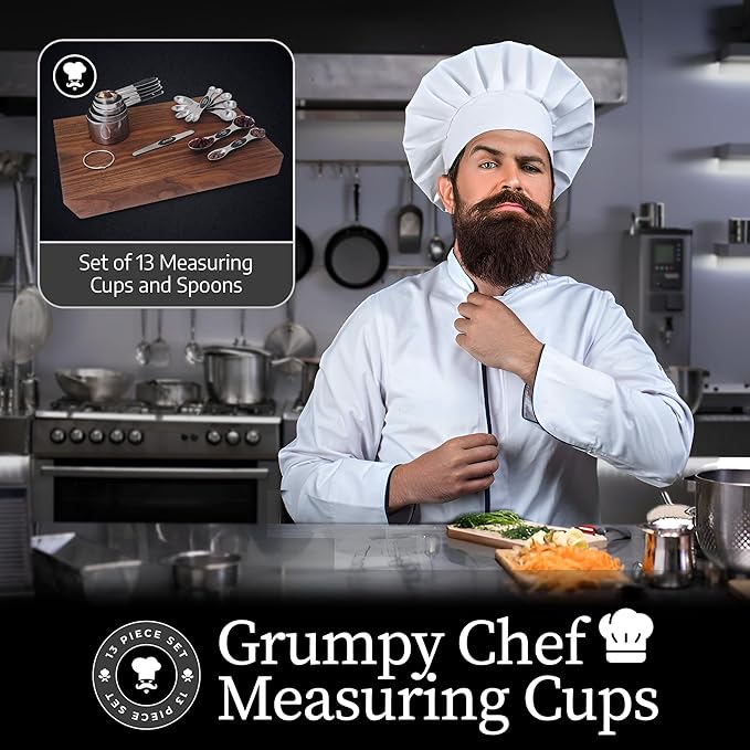 GRUMPY CHEF Stainless Steel Measuring Cups and Spoons Set with Magnetic Leveler – 13-Piece Nesting Set, Dual-Sided Magnetic Spoons, Flat Bottom Design for Stability – Rust-Resistant, Dishwasher Safe