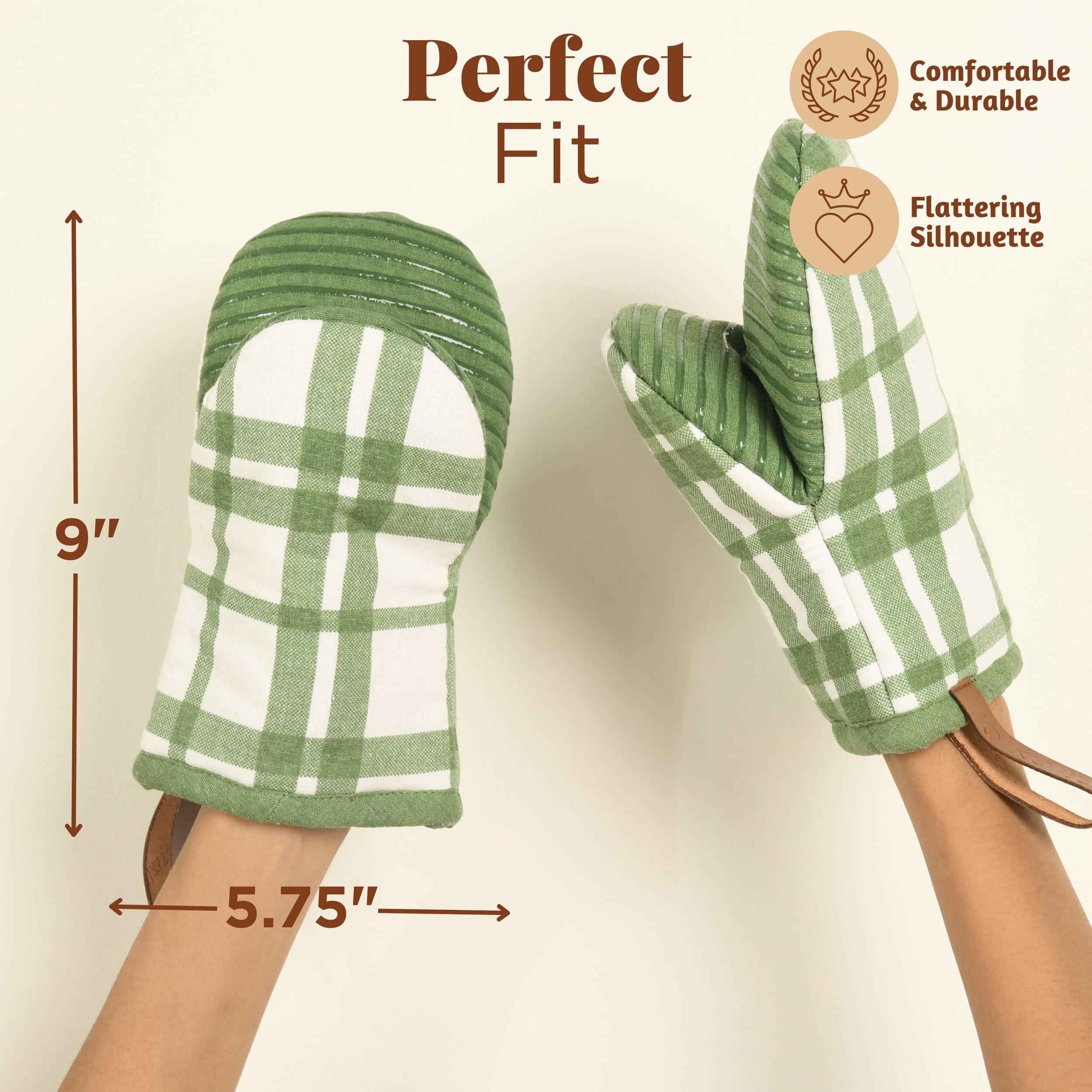 Folkulture Oven Mitts, Green Checkered, Set of 2,Heat Resistant -(5.75"x9")