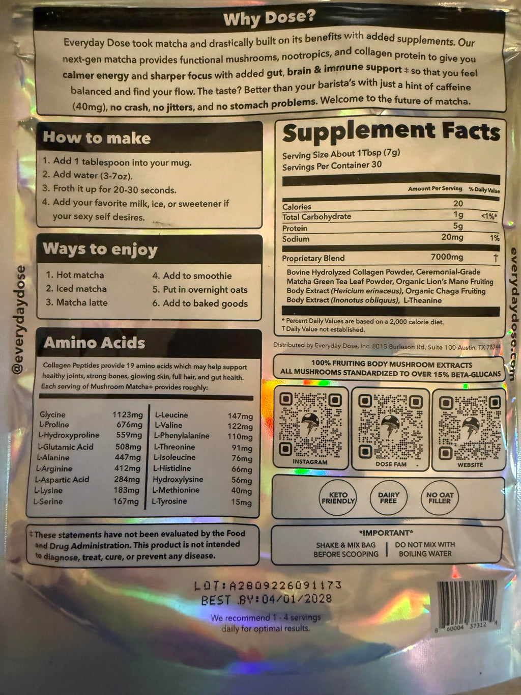 Everyday Dose Mushroom Matcha+ Ceremonial Grade Matcha Powder - Japanese Tea With Grass-Fed Collagen, Lion's Mane, Chaga, L-Theanine - For Better Focus, Energy, Digestion and Immunity - 30 Servings