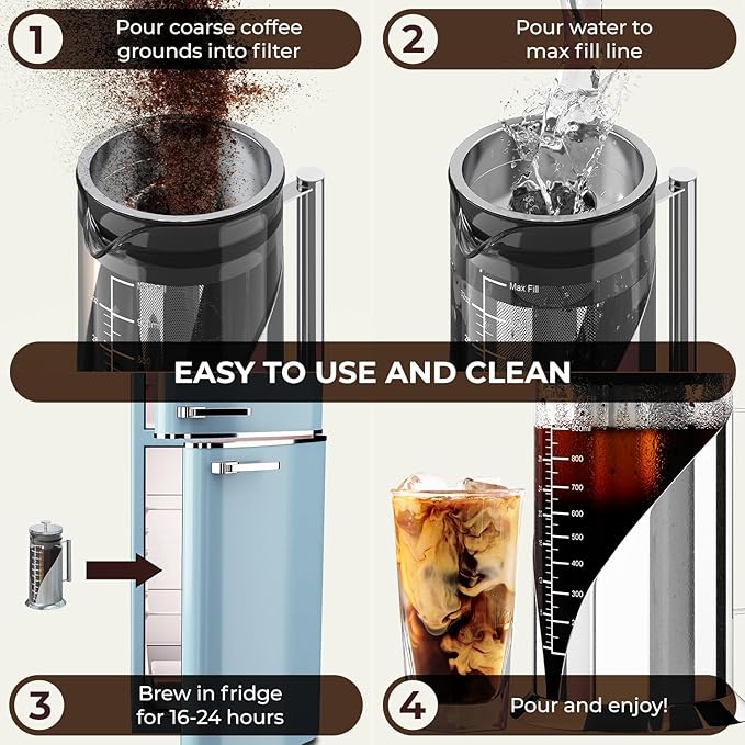 Cafe Du Chateau Stainless Steel French Press Coffee Maker - 34oz Insulated Coffee Press with 4-Level Filtration, BPA Free, Durable Glass, Great for Tea