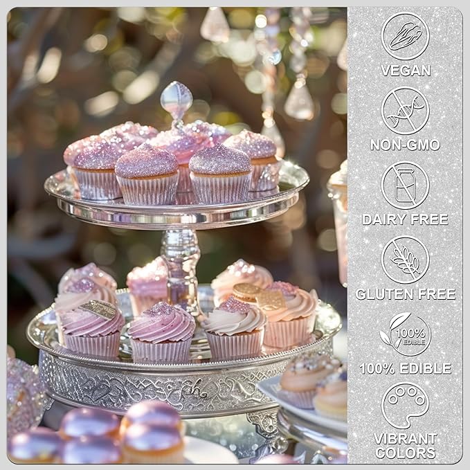 Silver Edible Glitter - 5g Food Grade Cake Decorating Shimmering Glitter, Edible Sprinkle Luster Dust for Drinks, Chocolates, Fondant, Strawberries, Cupcakes, Candy, Cookie - Vegan