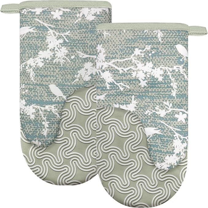 Thumb Oven Mitts, Heat and Slip Resistant Silicone Kitchen Mittens 2-Pack Set, Aqua Birds Soft Long Oven Gloves, Flexible Thick Potholders for Safe Baking Cooking and Grilling (Aqua)