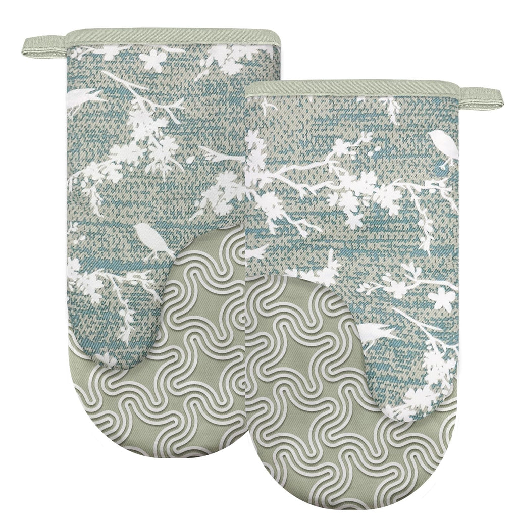 Alselo Thumb Oven Mitts, Heat and Slip Resistant Silicone Kitchen Mittens 2-Pack Set, Aqua Birds Soft Long Oven Gloves, Flexible Thick Potholders for Safe Baking Cooking and Grilling (Aqua)