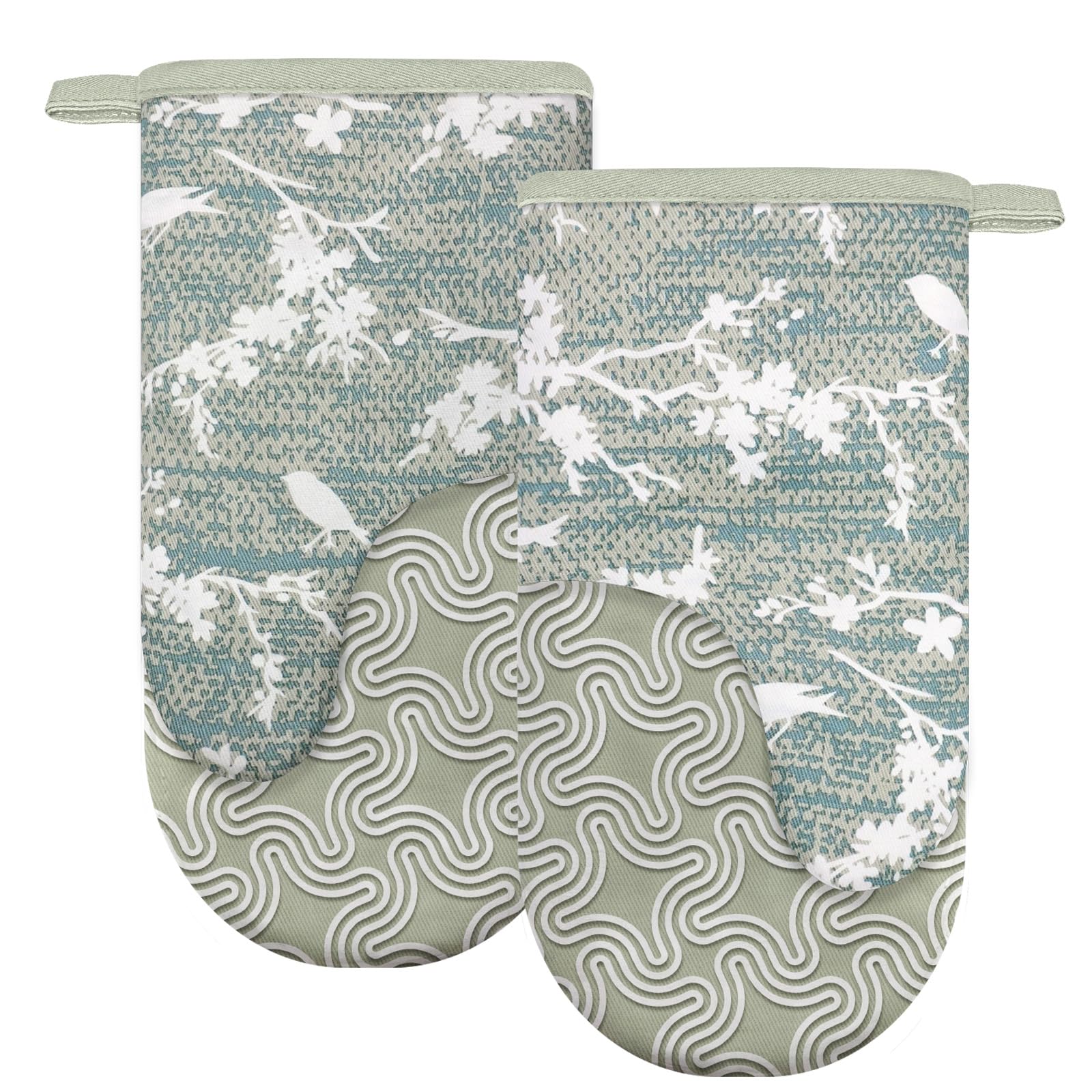 Alselo Thumb Oven Mitts, Heat and Slip Resistant Silicone Kitchen Mittens 2-Pack Set, Aqua Birds Soft Long Oven Gloves, Flexible Thick Potholders for Safe Baking Cooking and Grilling (Aqua)