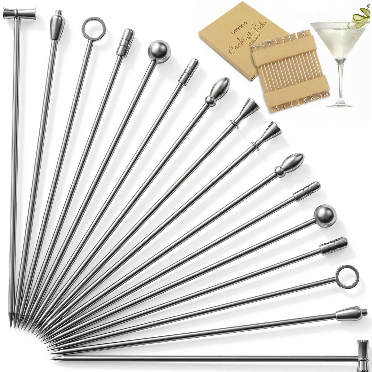 DEMIGO Cocktail Picks Set of 16, Stainless Steel Reusable Martini Picks