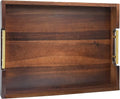 Joy&Grace Acacia Wooden Serving Tray with Metal Handles 16.7 x 12.8 inch Decorative Ottoman Tray for Living Room Coffee Table Large (Color Brown)