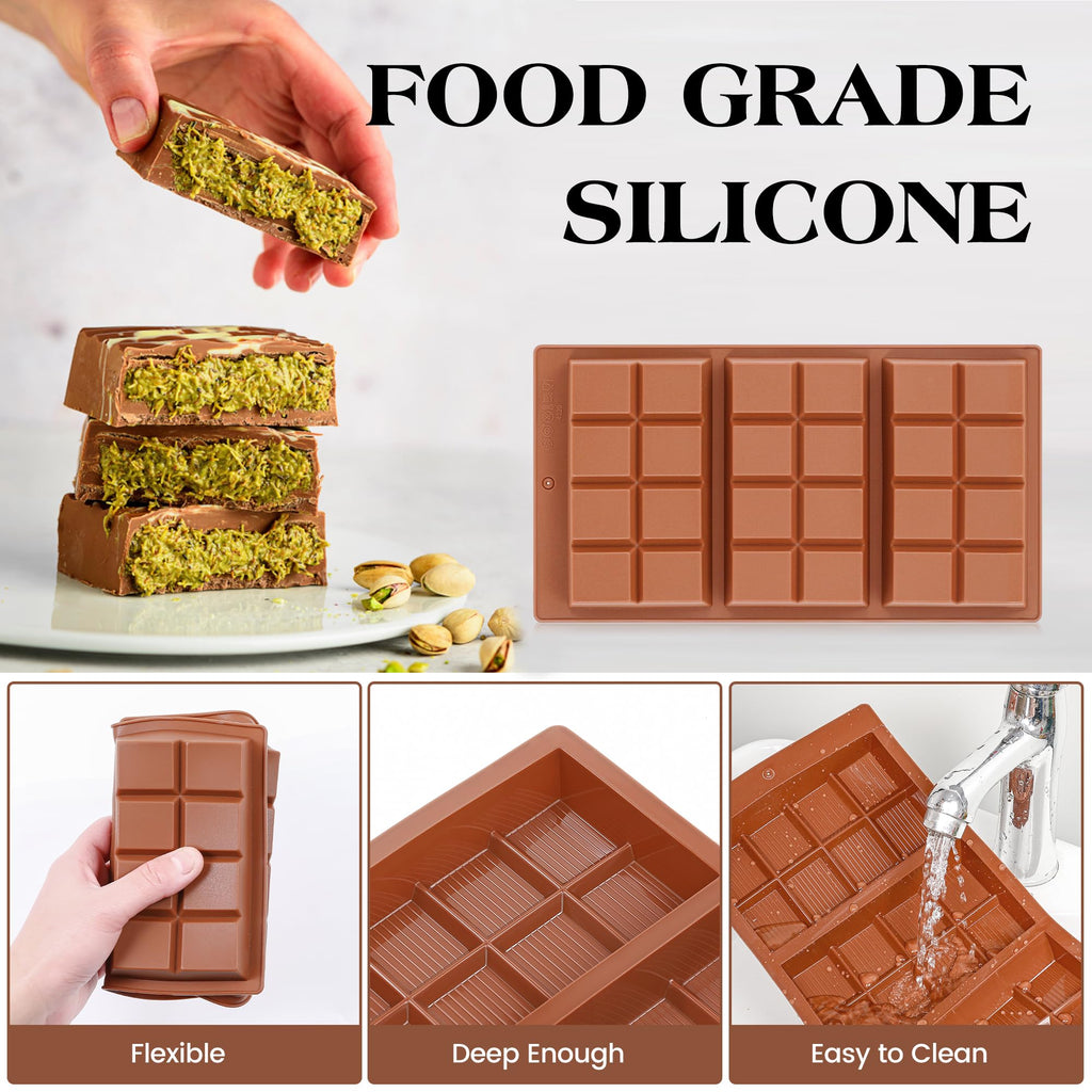 KASHME 2 Pcs Chocolate Bar Mold Deep Dubai 0.85 Inch Stuffed Large Chocolate Molds Silicone Break Apart Thick Silicone Molds for Candy Bar (8 Snap）