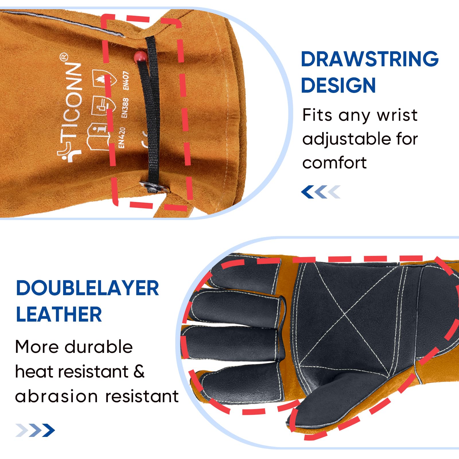 TICONN 16 Inch Welding Gloves, 1000°F Heat-Resistant Fireproof Leather Gloves for Welders, Stick, Forge, Mig, Tig, BBQ, Baking, Oven (Brown/Grey, XXL)