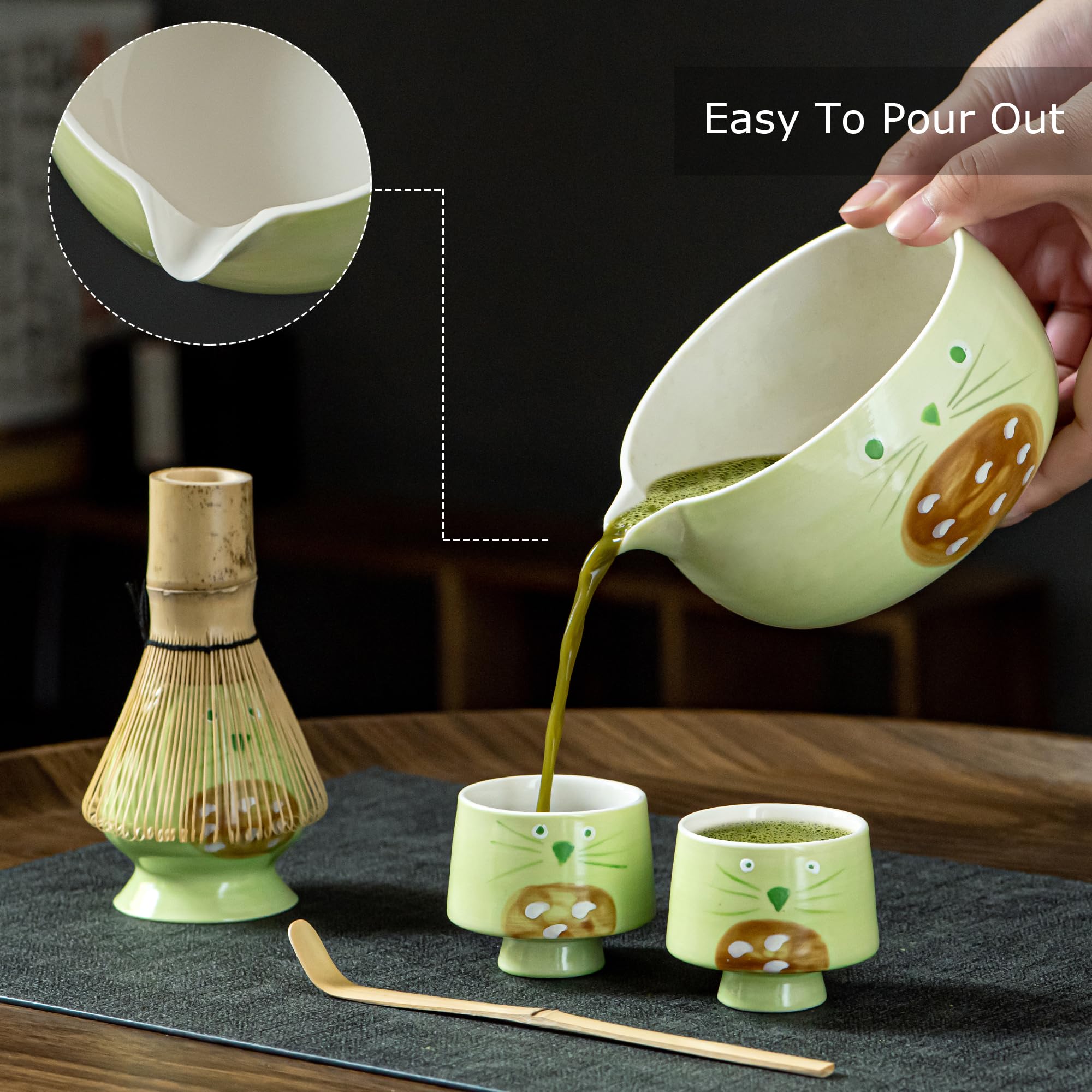 Matcha Whisk Set with Spout, Bowl & Holder, Cute Ceramic Teacups Gift - Cat