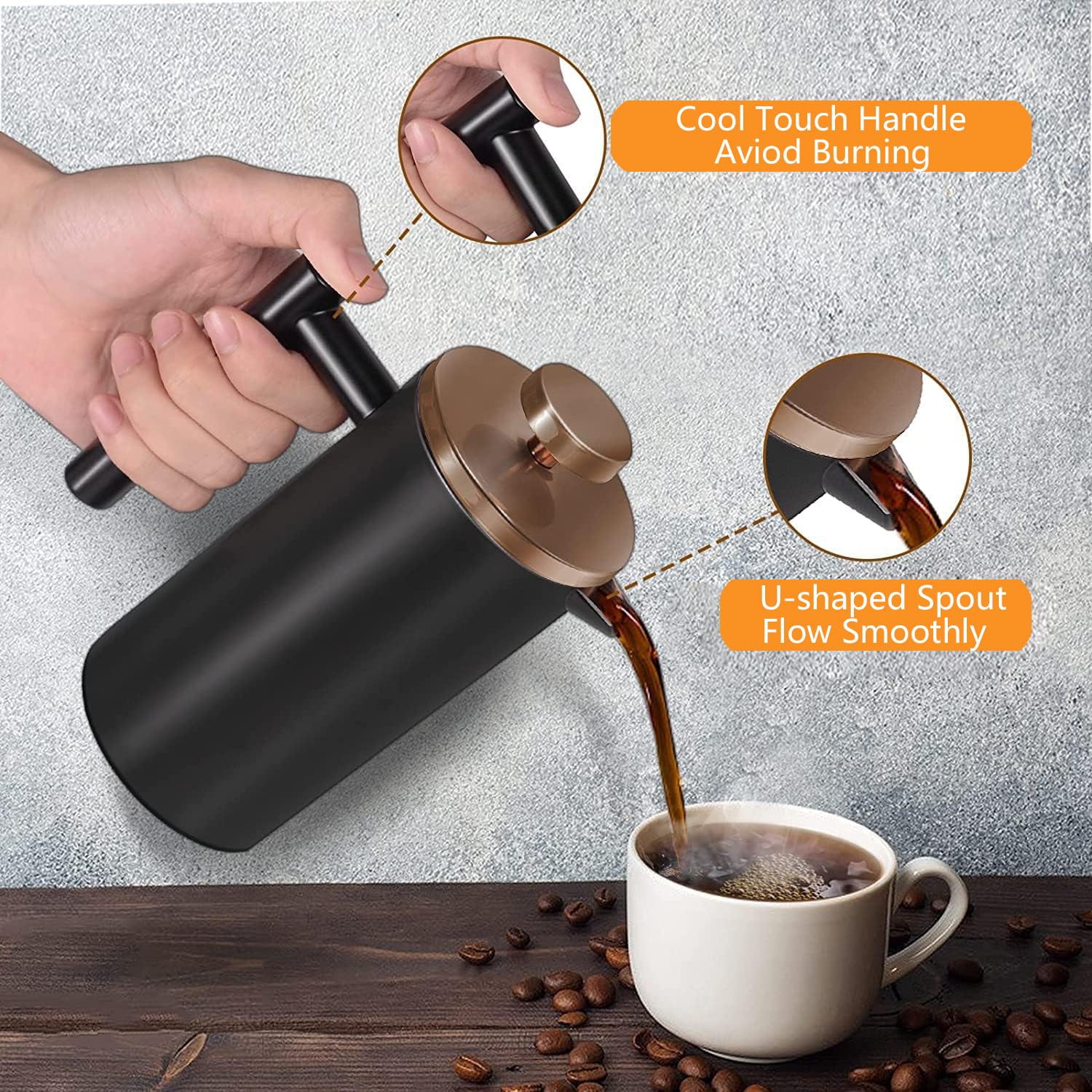 Meelio Small French Press Coffee Maker 350ml/12oz, Black Stainless Steel Double-Wall Insulated, Included 2 Extra Filters and 1 Coffee Spoon (1 Cup)