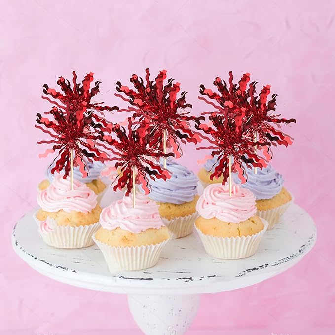30 PCS Foil Firework Cupcake Toppers Sparkle Tinsel Cupcake Picks Happy Birthday Cake Toppers Drink Stirrers Cocktail Food Fruit Toothpicks for Baby Shower Birthday Party Decorations Supplies Red
