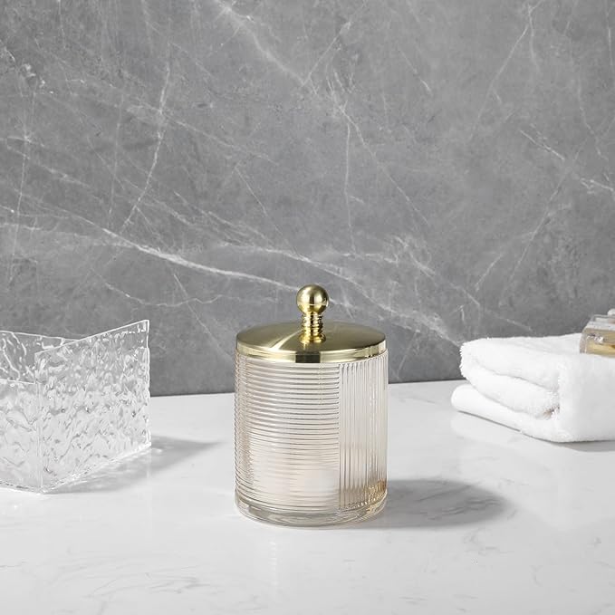 Glass Jar with Metal Lid for Bathroom Organization, Clear Apothecary Jar for Cotton Balls, Q Tips, and Small Accessories, Stylish Bathroom Storage Container Tan, Gold