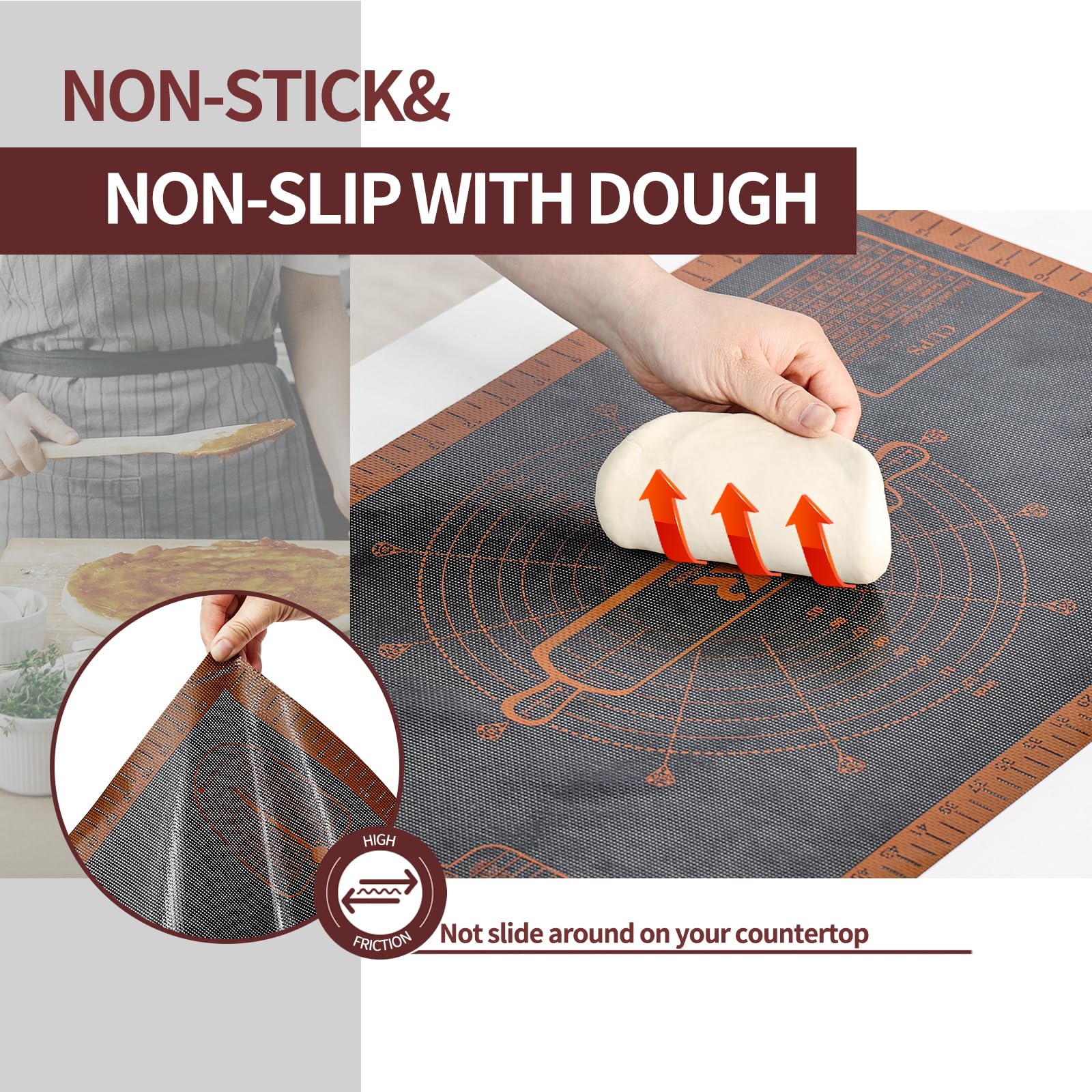 Silicone Pastry Mat Extra Large with Measurements 26''x16'' for Reusable,Non-slip Silicone Baking Mat, Counter, Dough Rolling, Oven Liner,Fondant/Pie Crust (Translucent_Orange, 16''W x 26''L)