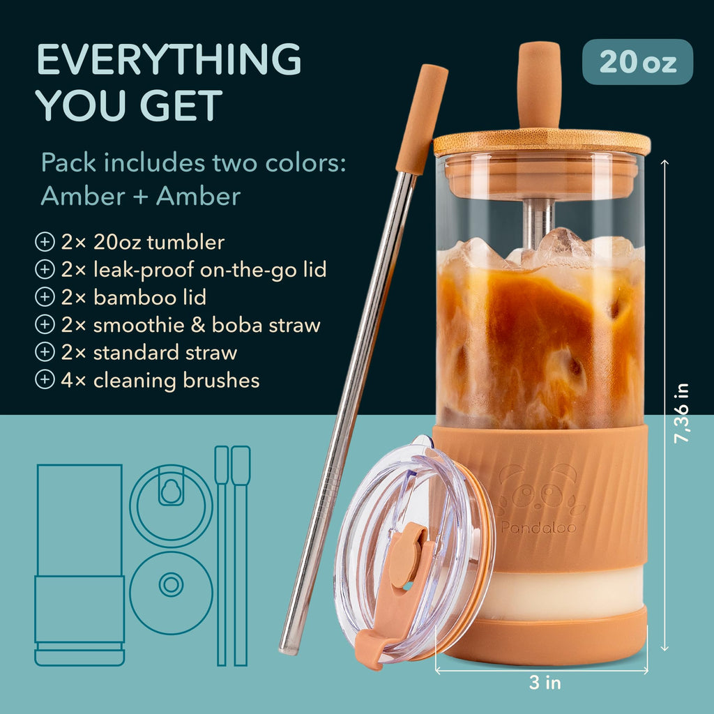Pandaloo® Glass Cups With Lids and Straws -20 Fl Oz- Perfect Size Iced Coffee Cup - Smoothie Cup With Bamboo Lid and On the go Lid - Glass Tumbler With Straw (2 Count (Pack of 1), Amber Sand)