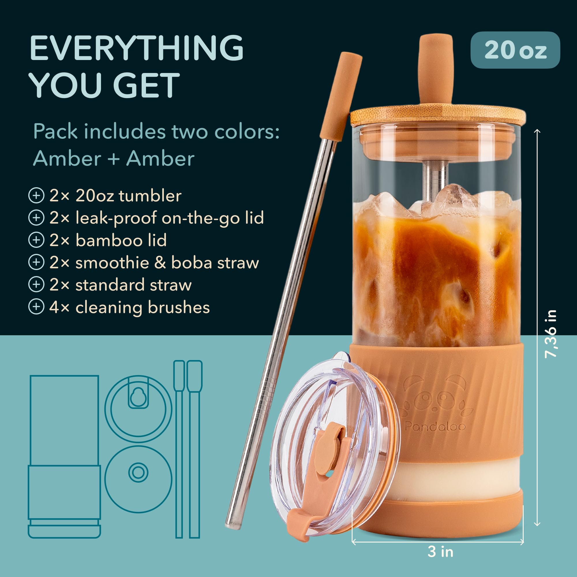 Pandaloo® Glass Cups With Lids and Straws -20 Fl Oz- Perfect Size Iced Coffee Cup - Smoothie Cup With Bamboo Lid and On the go Lid - Glass Tumbler With Straw (2 Count (Pack of 1), Amber Sand)