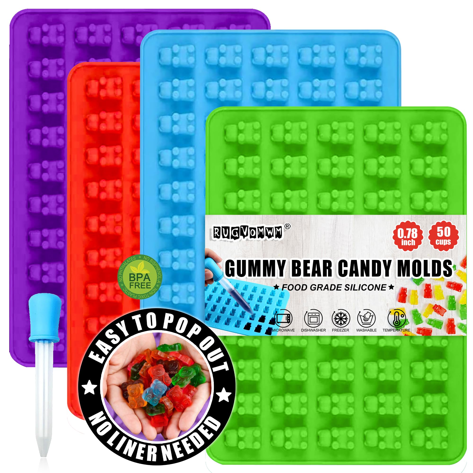 RUGVOMWM Gummy Bear Silicone Candy Molds - Set of 4 Gummy Bear Mold Trays with Dropper, Fun Making Gummy Bears with Non Stick Silicone Candy Molds, Perfect Silicone Molds for Gummy Bear Candy…