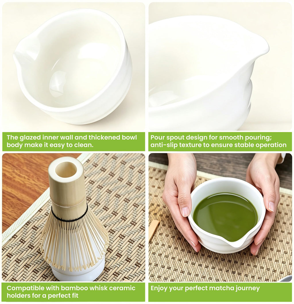 6 Pcs Matcha Set - Matcha Whisk Set & Matcha Bowl Set with Bamboo Scoop, Stainless Steel Sifter, 19 oz Ceramic Pouring Bowl, Matcha Spoon, Whisk Holder - Japanese Tea Ceremony Kit for Gifts (White)