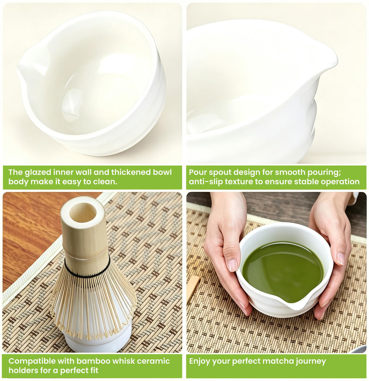 6 Pcs Matcha Set - Matcha Whisk Set & Matcha Bowl Set with Bamboo Scoop, Stainless Steel Sifter, 19 oz Ceramic Pouring Bowl, Matcha Spoon, Whisk Holder - Japanese Tea Ceremony Kit for Gifts (White)