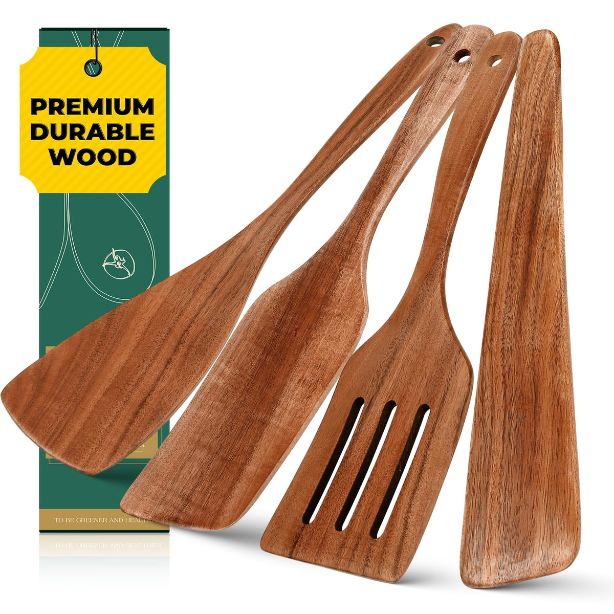 AIUHI Premium Teak Wood Spatula Set, 4-Piece Non-Stick Cooking Utensils for Kitchen, Includes Paddle, Turner, Slotted Spatula & Wood Scraper – Durable & Easy to Clean