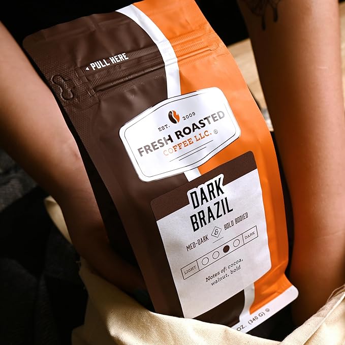 Fresh Roasted Coffee, Dark Brazil, 12 oz, Med-Dark Roast, Kosher, Whole Bean