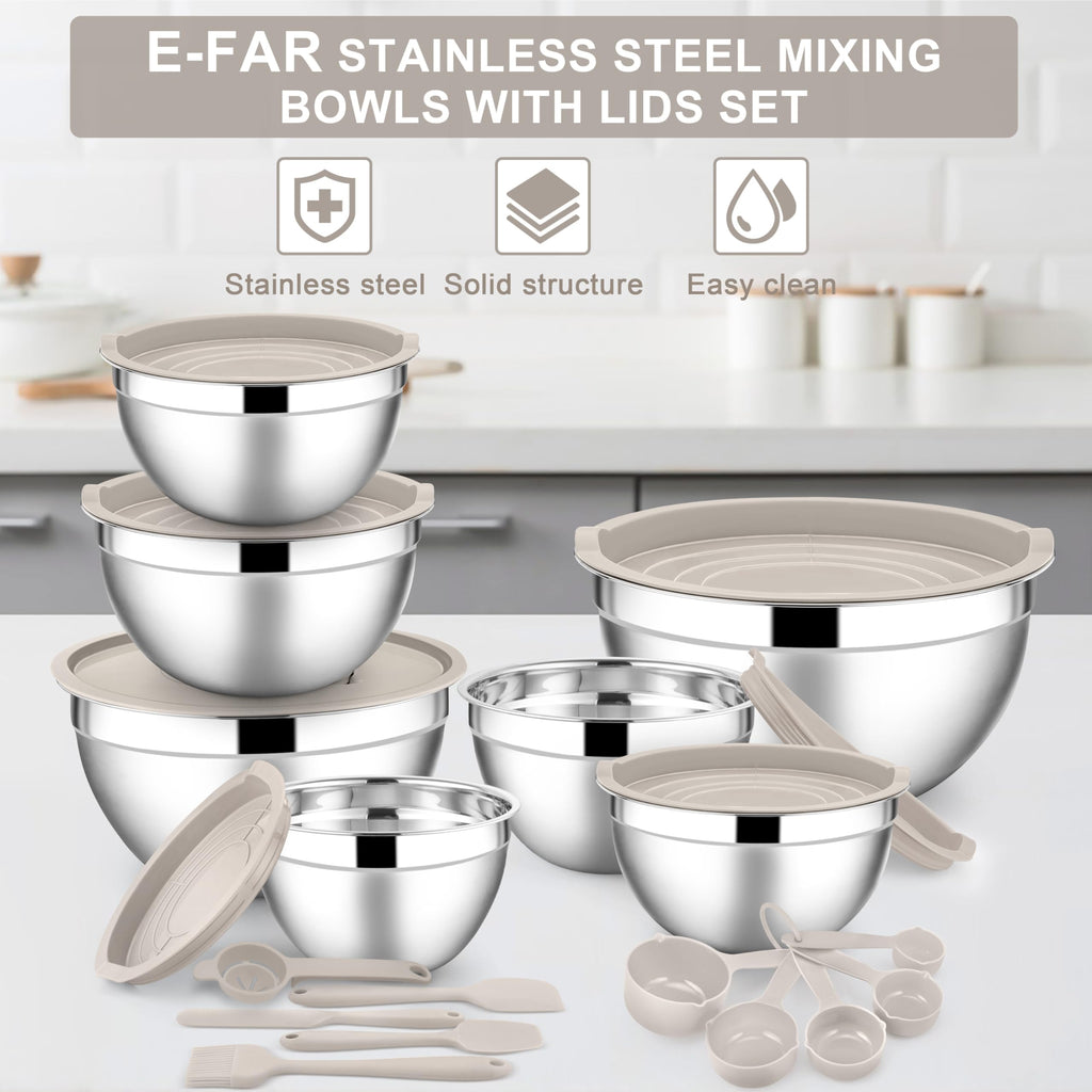 E-far Mixing Bowls with Lids Set, 21PCS Stainless Steel Mixing Salad Bowls with 3 Grater Attachments, Size 7, 4.6, 3.5, 2.6, 2, 1.5, 1QT, Nesting Design & Khaki Airtight Lid, For Baking/Prepping