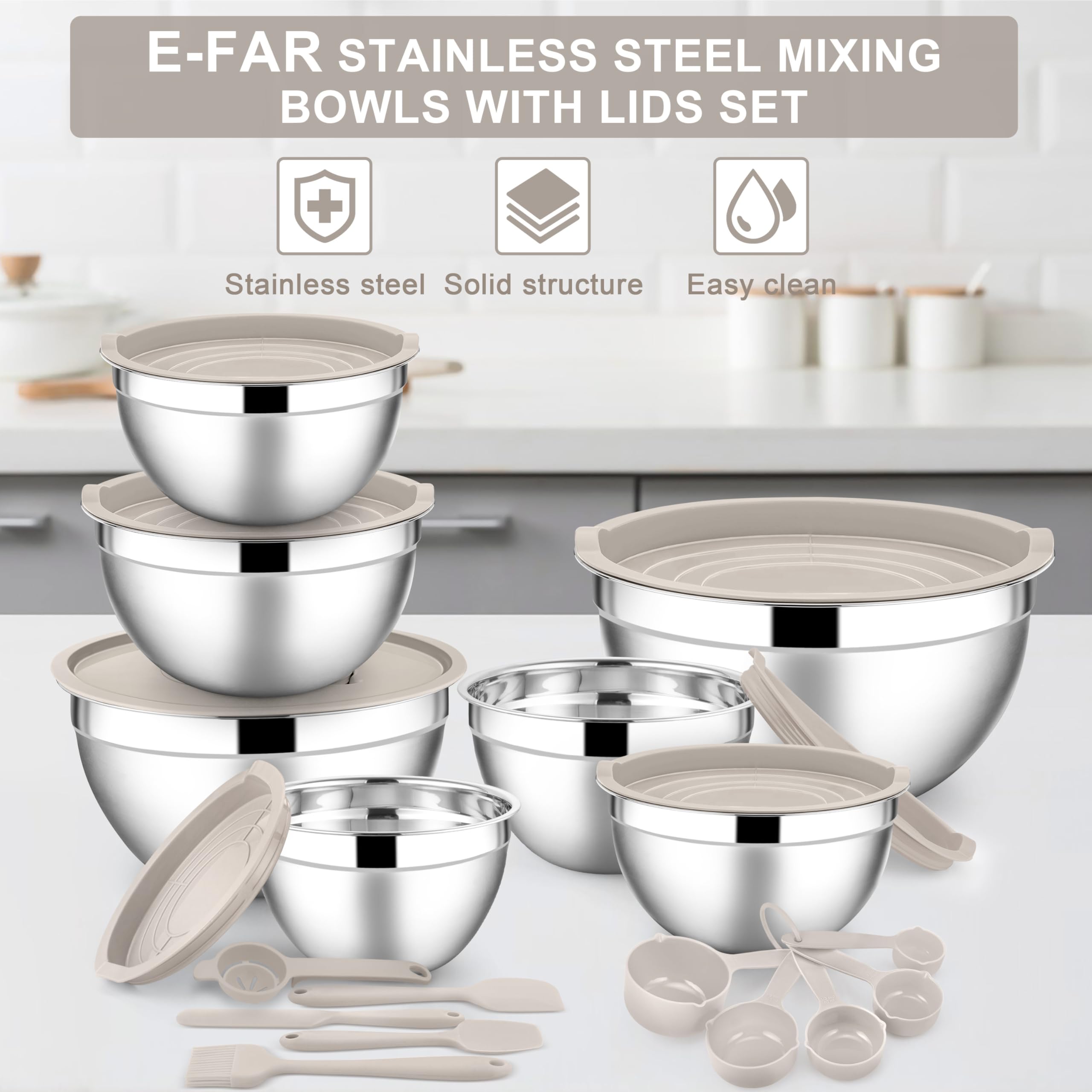E-far Mixing Bowls with Lids Set, 21PCS Stainless Steel Mixing Salad Bowls with 3 Grater Attachments, Size 7, 4.6, 3.5, 2.6, 2, 1.5, 1QT, Nesting Design & Khaki Airtight Lid, For Baking/Prepping