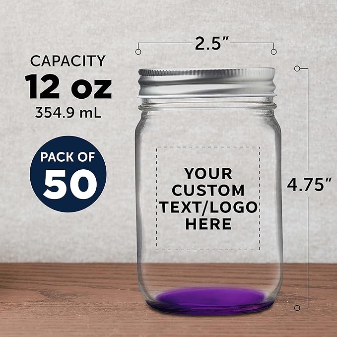 DISCOUNT PROMOS 50 Decorating Mason Jars Set, 12 oz. - Customizable Text, Logo - Canning, Aluminum Lid - Purple