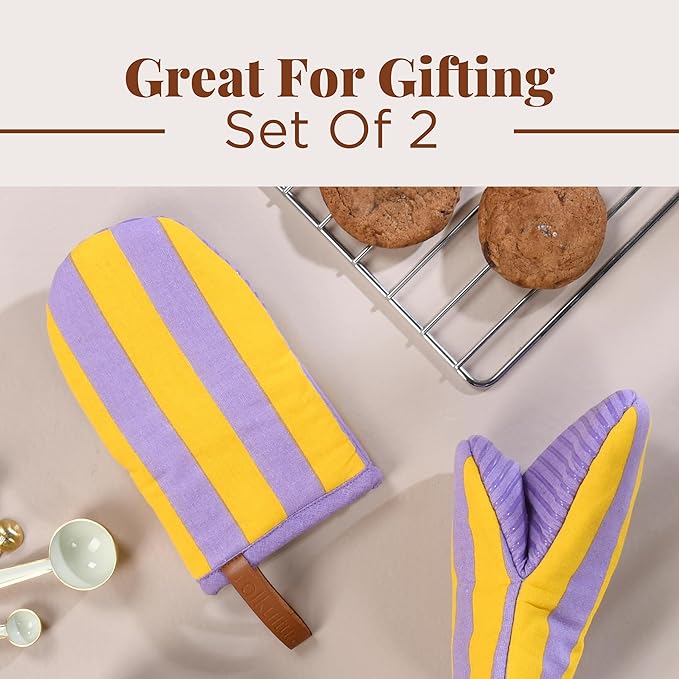 Folkulture Mini Oven Mitts Heat Resistant | (5.75x9) Set of 2 Purple Short Oven Mitts with Hanging Loop | 100% Cotton Oven Gloves or Kitchen Mittens | Small Oven Mitt Set or Yellow Silicone Oven Mit