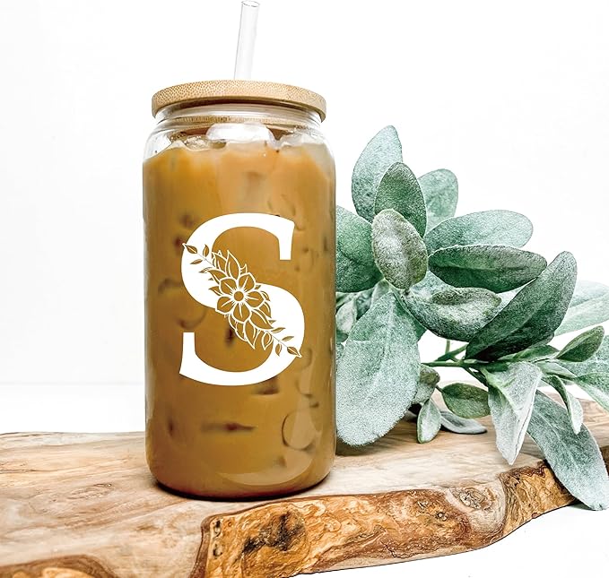 Personalized Gifts for Women, Monogrammed Glass Cups with Lids and Straws, Custom Tumbler, Cute Customized Mug, Aesthetic Stuff, Initial Iced Coffee Cup, Drinking Glasses, Birthday Teacher Gifts, J