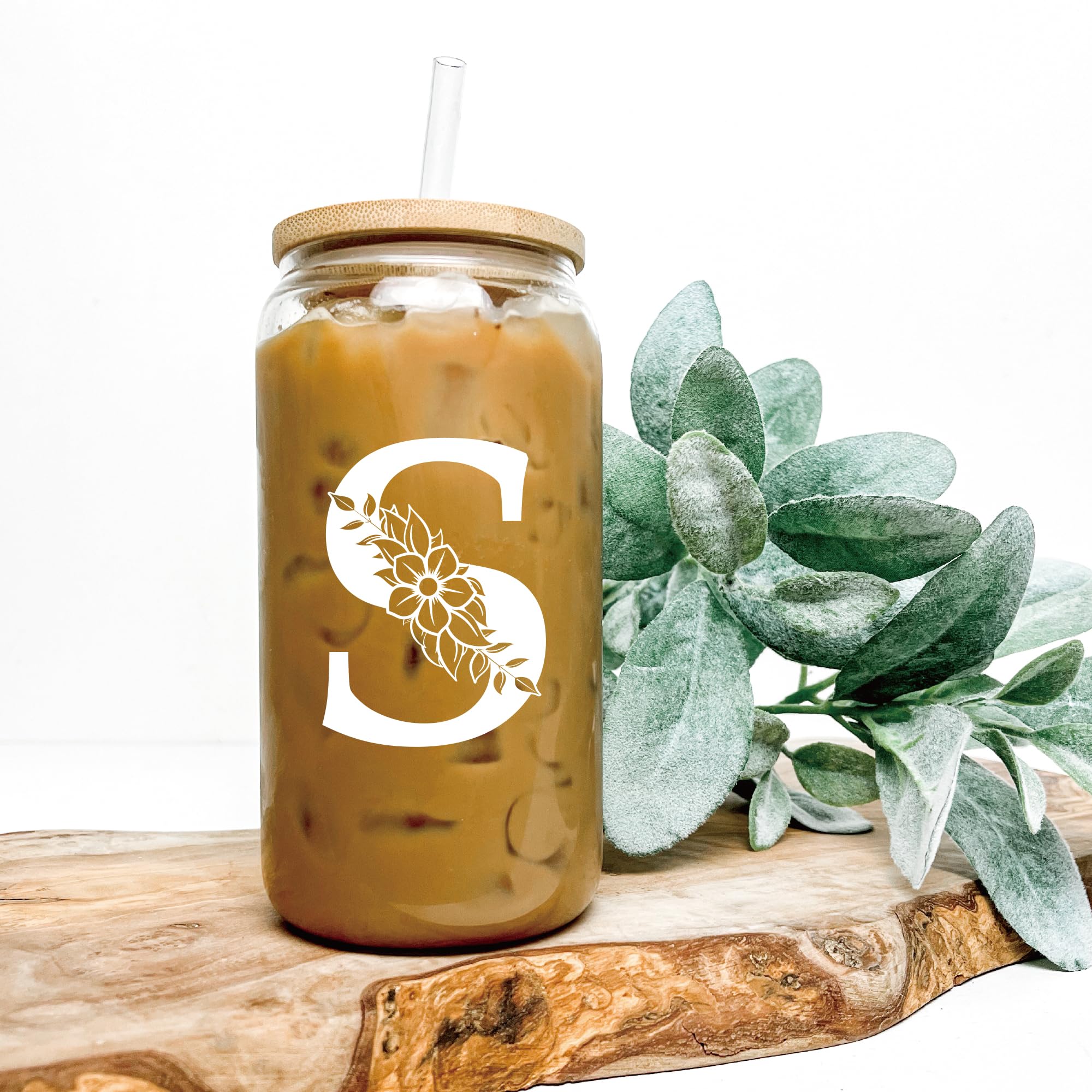 Personalized Gifts for Women, Monogrammed Glass Cups with Lids and Straws, Custom Tumbler, Cute Customized Mug, Aesthetic Stuff, Initial Iced Coffee Cup, Drinking Glasses, Birthday Teacher Gifts, J
