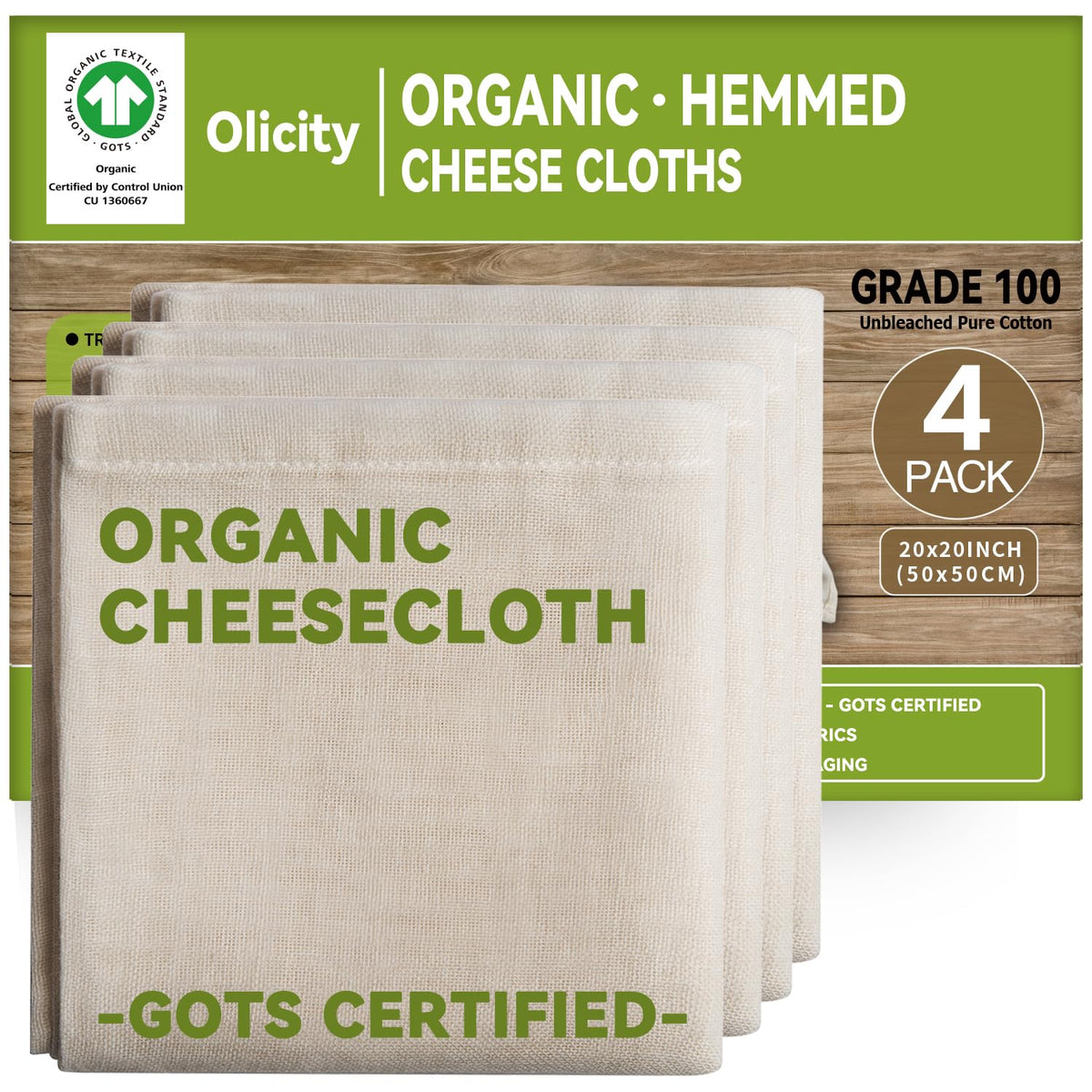 Organic Cheese Cloths, GOTS Certified,6Pack,20x20Inch Reusable Cheese Cloth