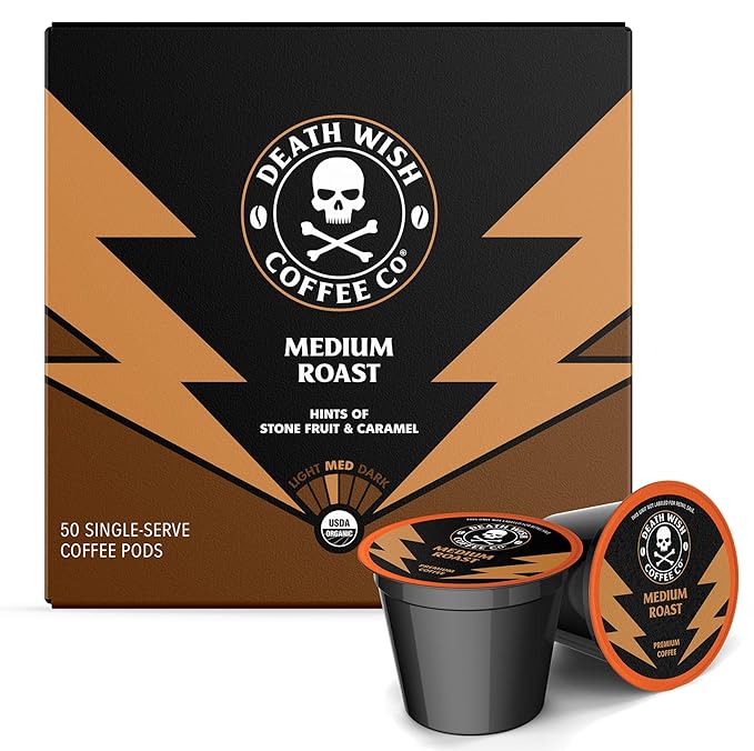 Death Wish Coffee Valhalla Java Single Serve Pods - Extra Kick of Caffeine - Medium Roast Coffee Pods - Made with USDA Certified Organic Fair Trade Arabica and Robusta Beans 10 Count (pack of 1)