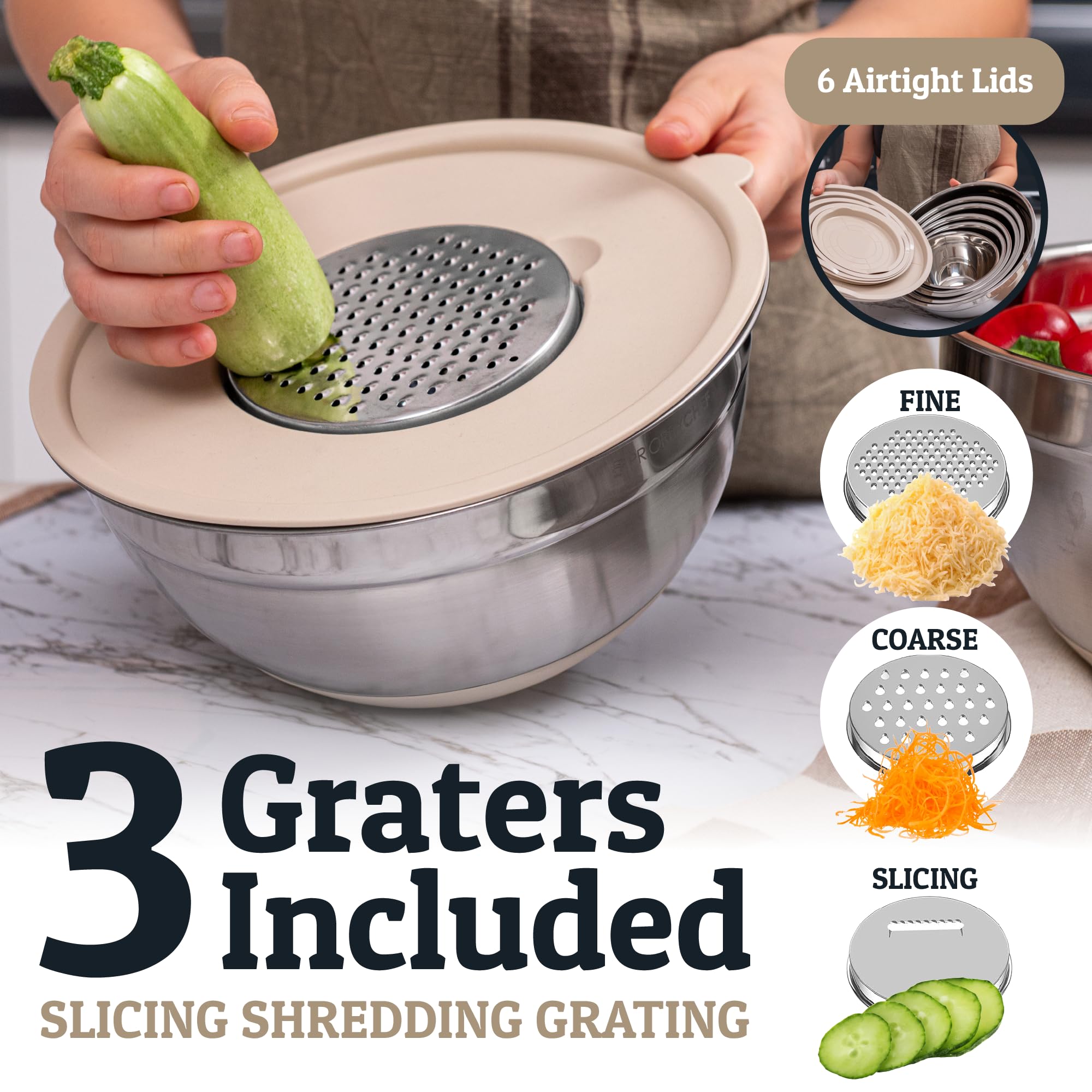 Priority Chef 6pc Stainless Steel Mixing Bowls with Lids Set, 7 Qt, Khaki