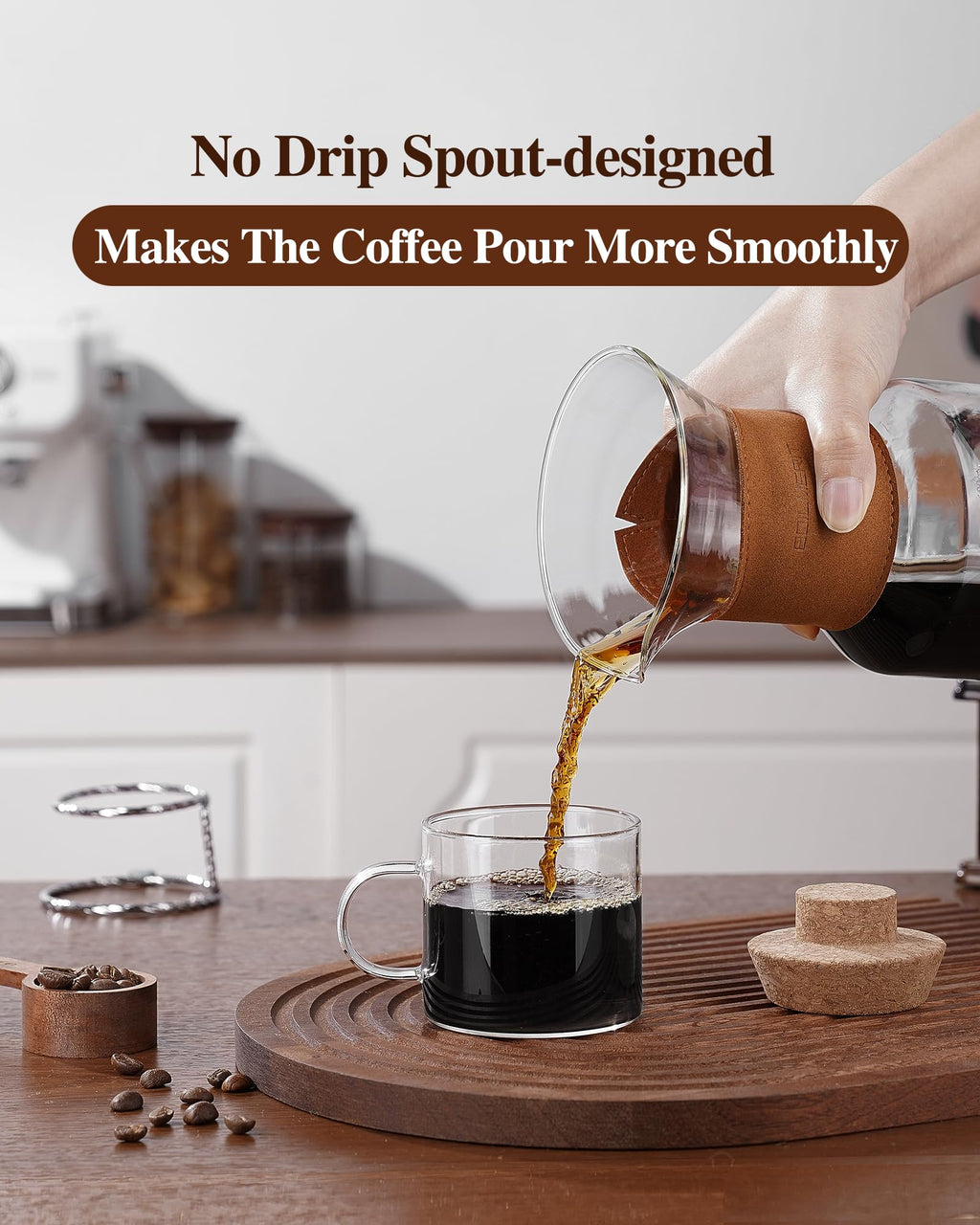 Pour Over Coffee Maker with Double-Layer Stainless Steel Filter, 20 oz Pour Over Coffee Dripper, Glass Carafe with Vintage Leather Collar and Cork Lid & Filter Stand for Espresso