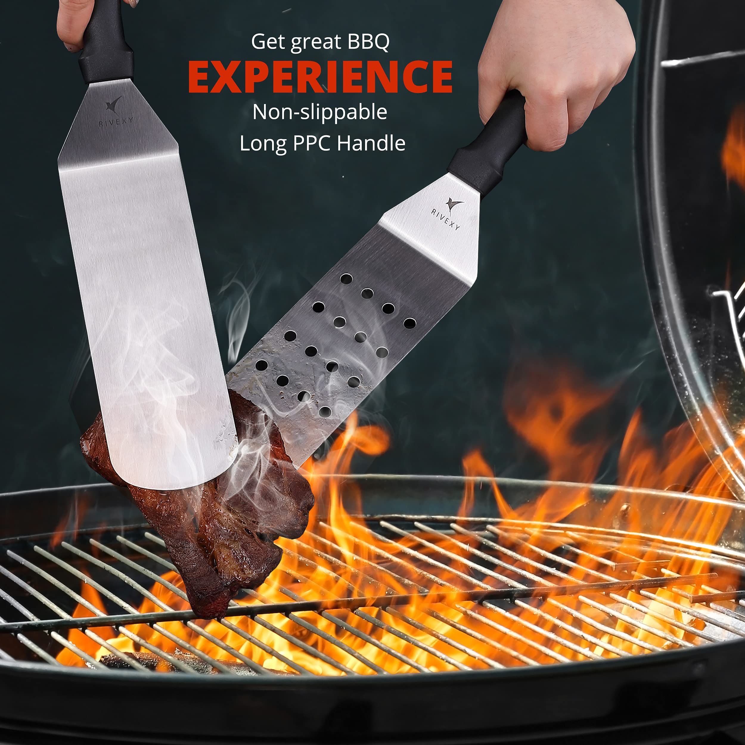 Rivexy 5-PCS Premium Griddle Accessories Kit, Ultimate Stainless Steel Flat Top Grill Accessories for Blackstone BBQ, Teppanyaki, Hibachi – Durable Griddle Spatula, Ideal for Outdoor & Camping