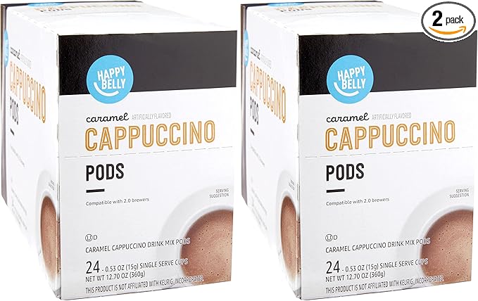 Amazon Brand - Happy Belly Cappuccino Coffee Pods Compatible with K-Cup Brewers, Caramel Flavored, 24 Count (Pack of 2)