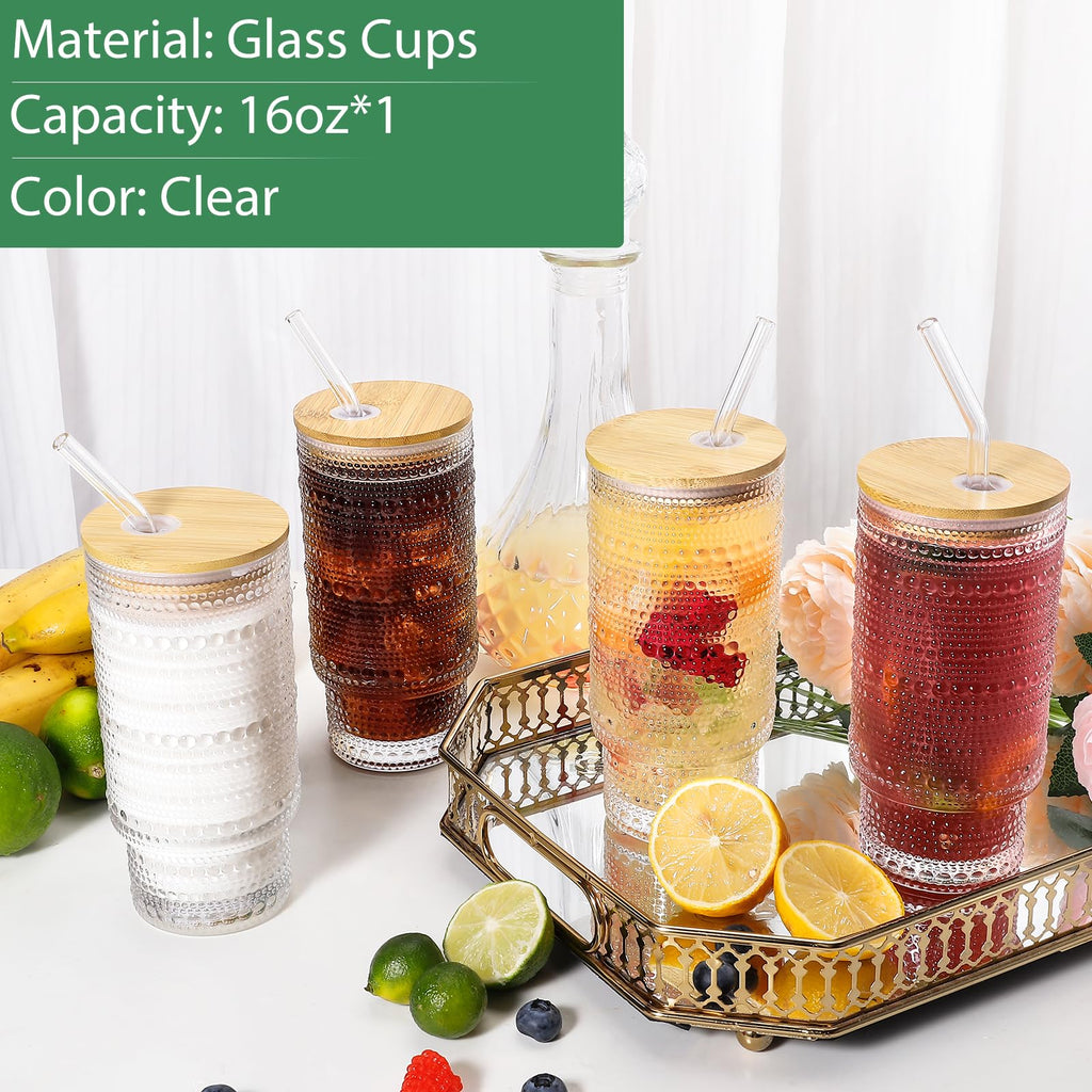 16 Oz Glass Cup with Lid and Straw, Vintage Embossed Glassware for Whiskey Cocktail Beer, Iced Coffee Cup with Lid, Glass Tumbler (1 PACK)