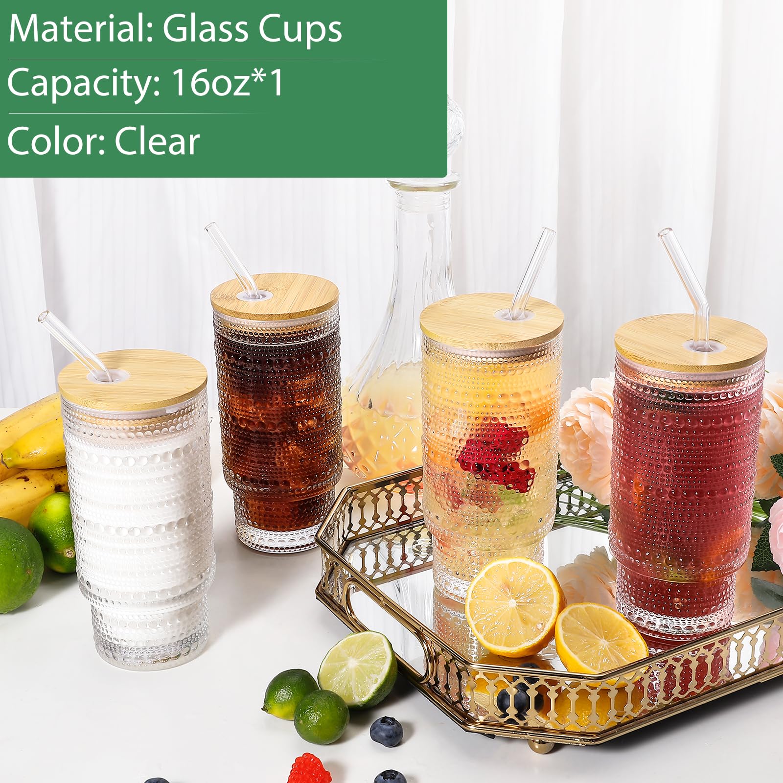 16 Oz Glass Cup with Lid and Straw, Vintage Embossed Glassware for Whiskey Cocktail Beer, Iced Coffee Cup with Lid, Glass Tumbler (1 PACK)