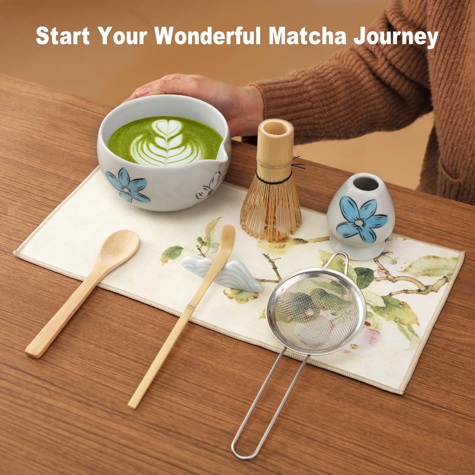 JunMu Matcha Whisk Set Cute,8pcs Matcha Set Whisk And Bowl,Matcha Kit Set With Bamboo Whisk,Ceramic Matcha Bowl,Sifter,Scoop,Holder,Towel,Stand,Spoon,Unique Gift for Japanese Matcha Tea Lover