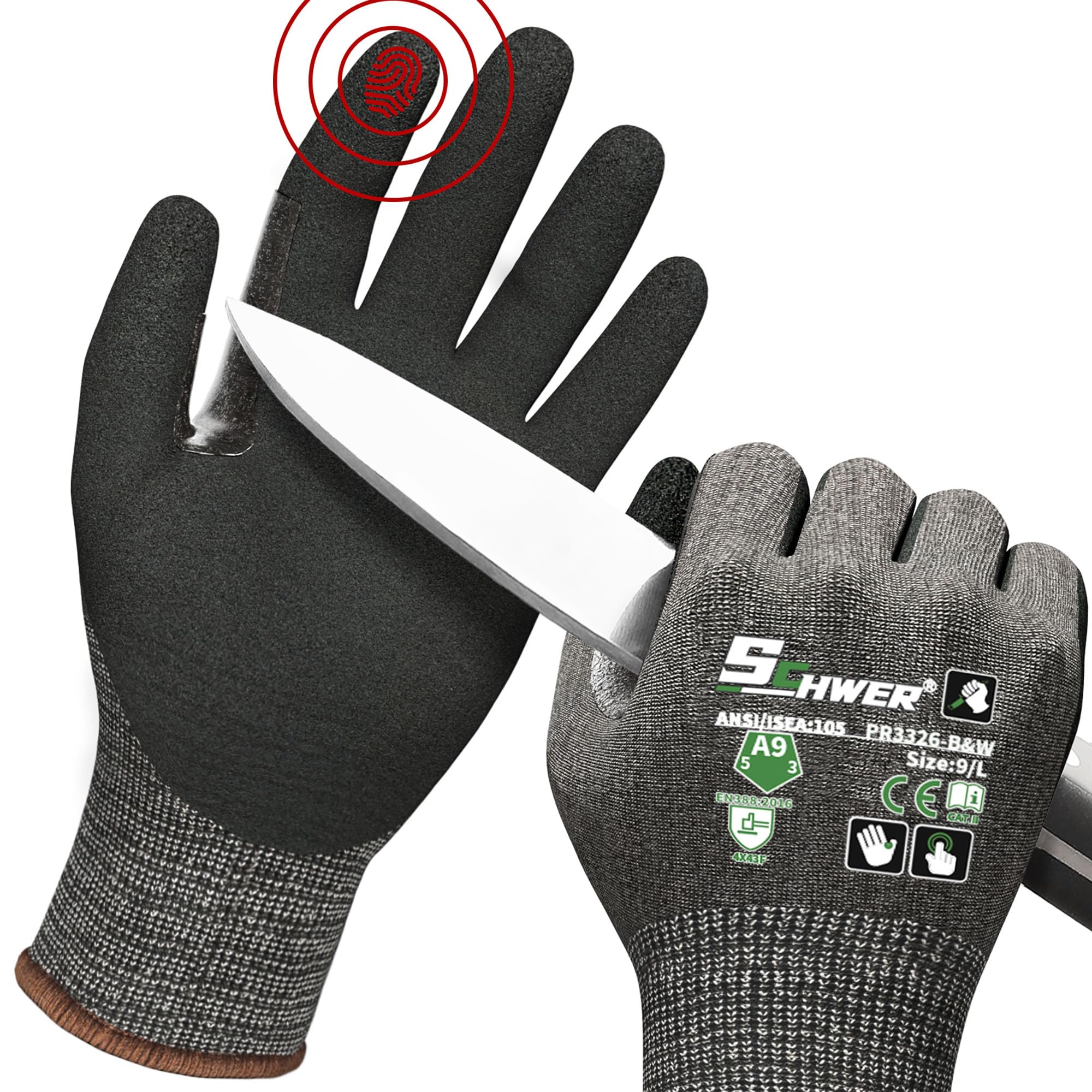 Schwer ProGuard High Level Cut Resistant Work Gloves PR3326 for Extreme Protection，ANSI A9 Cut Gloves with Reinforced Thumb, Non Slip, Non PFAS, Durable, Touch-screen, Black 120 Pairs, L