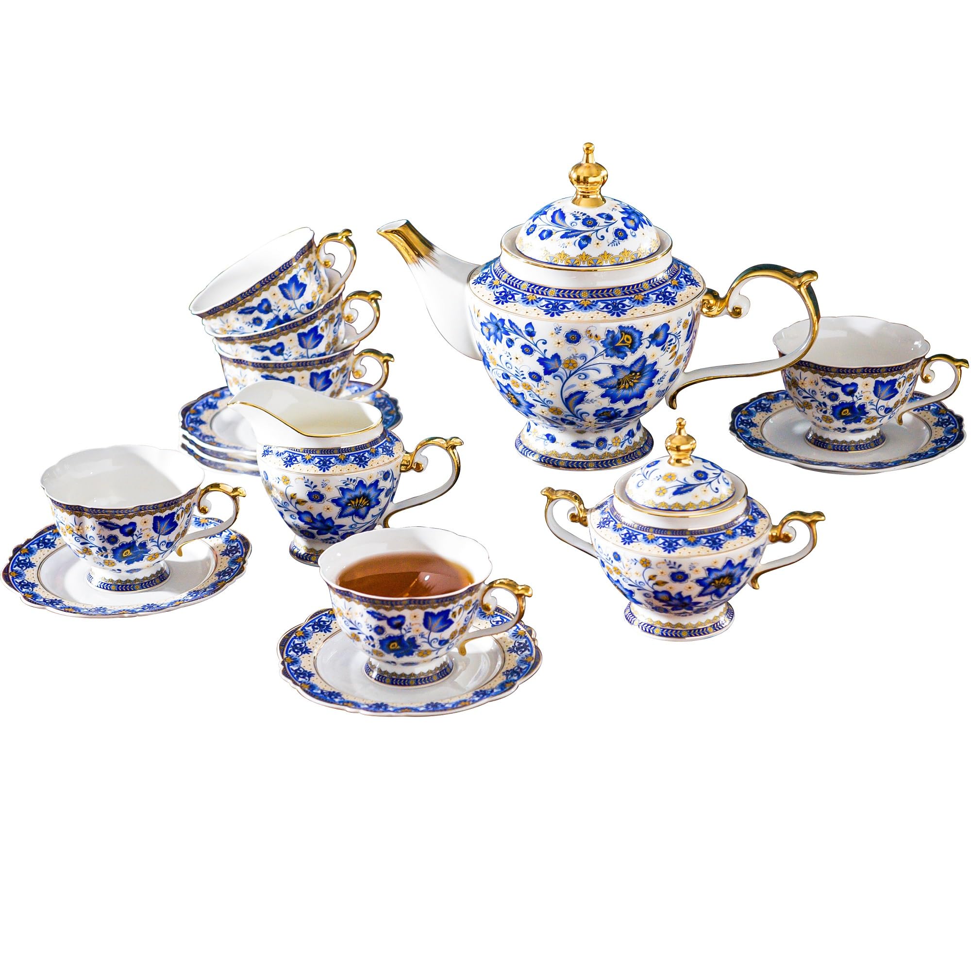 ACMLIFE Tea Set for Adults, Vintage Tea Sets, Bone China Tea Set, Tea Cup Set Porcelain Tea Set for 6, Floral Tea Cup Set With Teapot, 21 Pieces Tea Party Sets for Women Gift，Mother's Day (Blue)