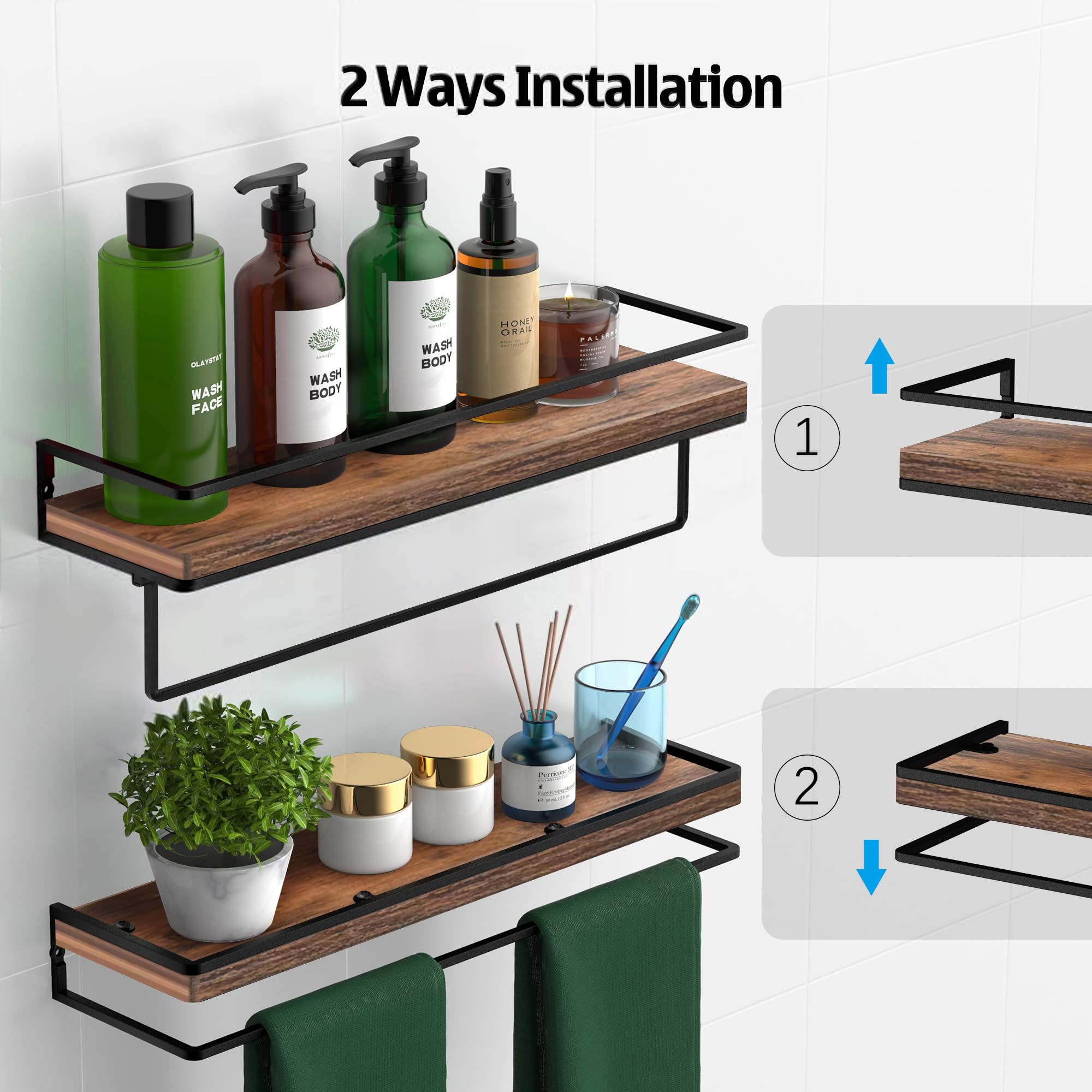 Meangood Floating Shelves Wall Mounted Set of 2, Towel Bar Rustic Wood Wall Storage Shelves for Bedroom,Living Room,Bathroom, Kitchen Rustic Brown