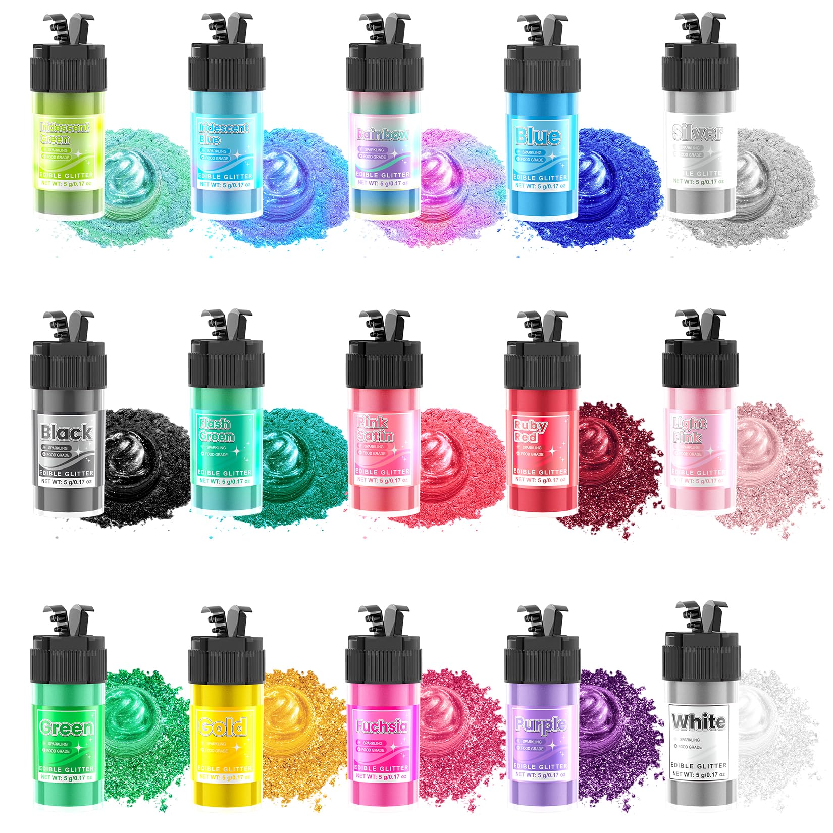 Edible Glitter - 15 Popular Colors Edible Glitter for Cocktails, Food Grade Luster Dust, Iridescent Shimmer Powder for Cake Decorations, Drinks, Baking, Dessert - 3 Particle Sizes - 5g/Bottle