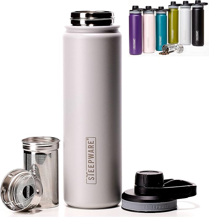 The Tea Spot Steepware Tea Tumbler,Tea Thermos, 22oz, Fog Grey- Travel Bottle with Tea Infuser for Loose Leaf Tea or Iced Coffee - Sleek Double-Walled Insulated Bottle