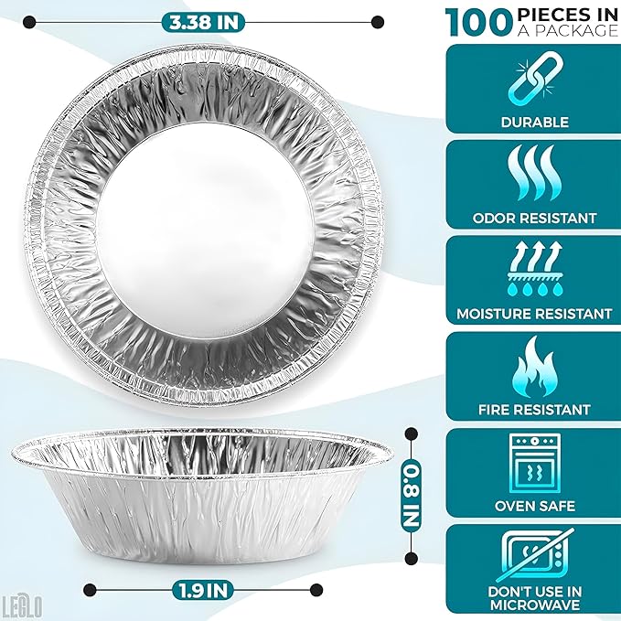 LEGLO 100 Pcs Disposable Egg Tart Tins - 2.9" Aluminum Mini Pie Tins, Quality and Durable Material, Easy to Use and Oven Safe, Moisture and Odor Resistant, Good for Fruit, Pastry, Meat, and Pot Pies