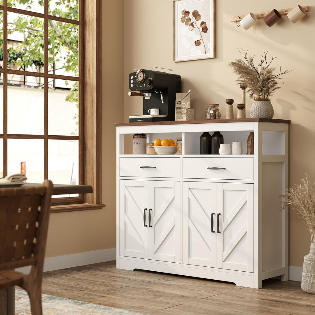 knoworld Buffet Sideboard with Storage Farmhouse with 4 Doors, 47'' Large Kitchen Storage Cabinet Wood Coffee Bar Cabinet Buffet Table with Shelves for Kitchen, Dining Room, Entryway, 47" W White