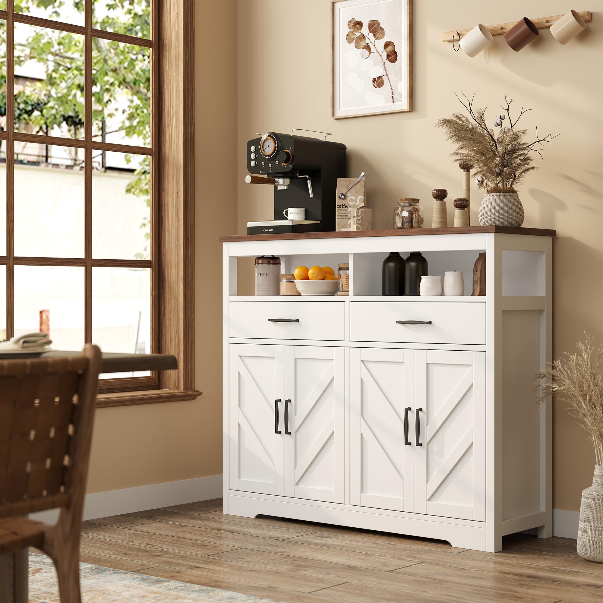 knoworld Buffet Sideboard with Storage Farmhouse with 4 Doors, 47'' Large Kitchen Storage Cabinet Wood Coffee Bar Cabinet Buffet Table with Shelves for Kitchen, Dining Room, Entryway, 47" W White