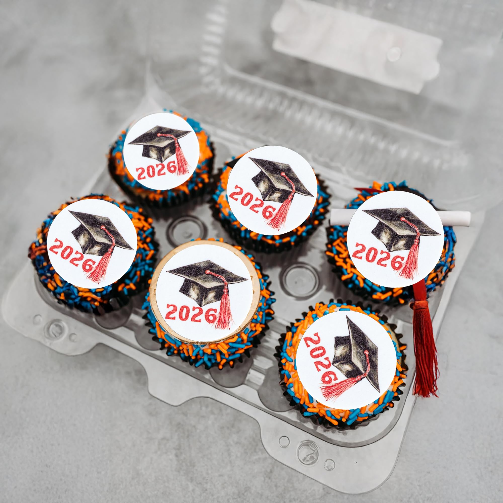 Gyufise 48Pcs Edible 2026 Graduation Cap Cupcake Toppers Wafer Paper Class of 2026 Grad Cap Cupcake Picks for 2026 Graduation Theme Party Cake Decorations Supplies Red