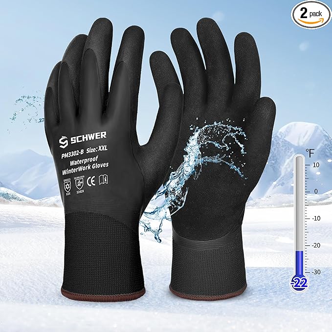 Schwer 2 Pairs FreezeGuard Winter Work Gloves, ANSI A2 Cut Resistant Freezer Gloves for Outdoor Cold Weather Keep Hands Warm, Waterproof Gloves for Shoveling Snow, Ice Fishing, XXL